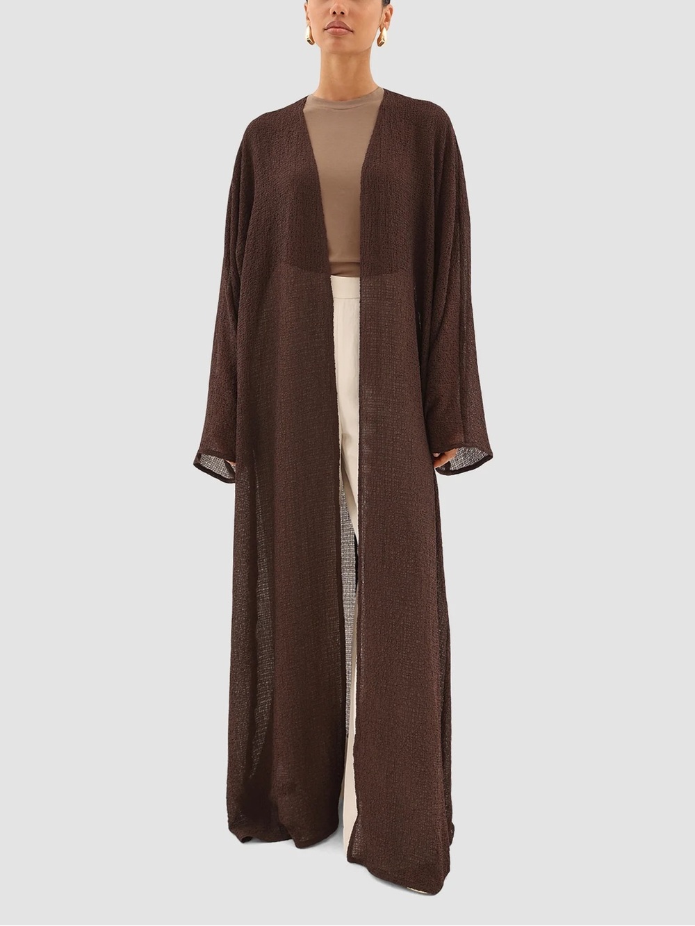 Long Open-Front Brown Sheer Knit Duster Cardigan